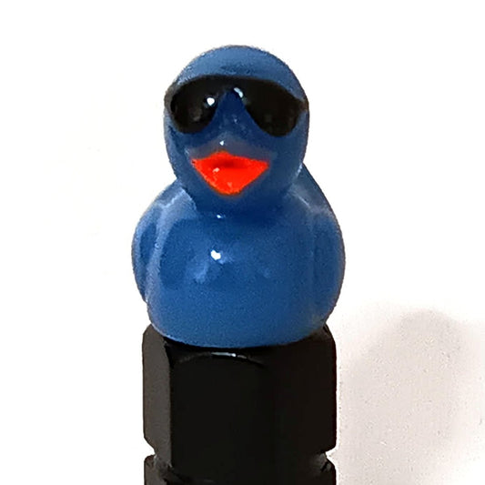 Blue duck valve stem cap wearing tiny sunglasses