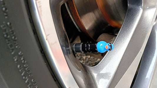 Blue duck valve cap fitted to an alloy wheel