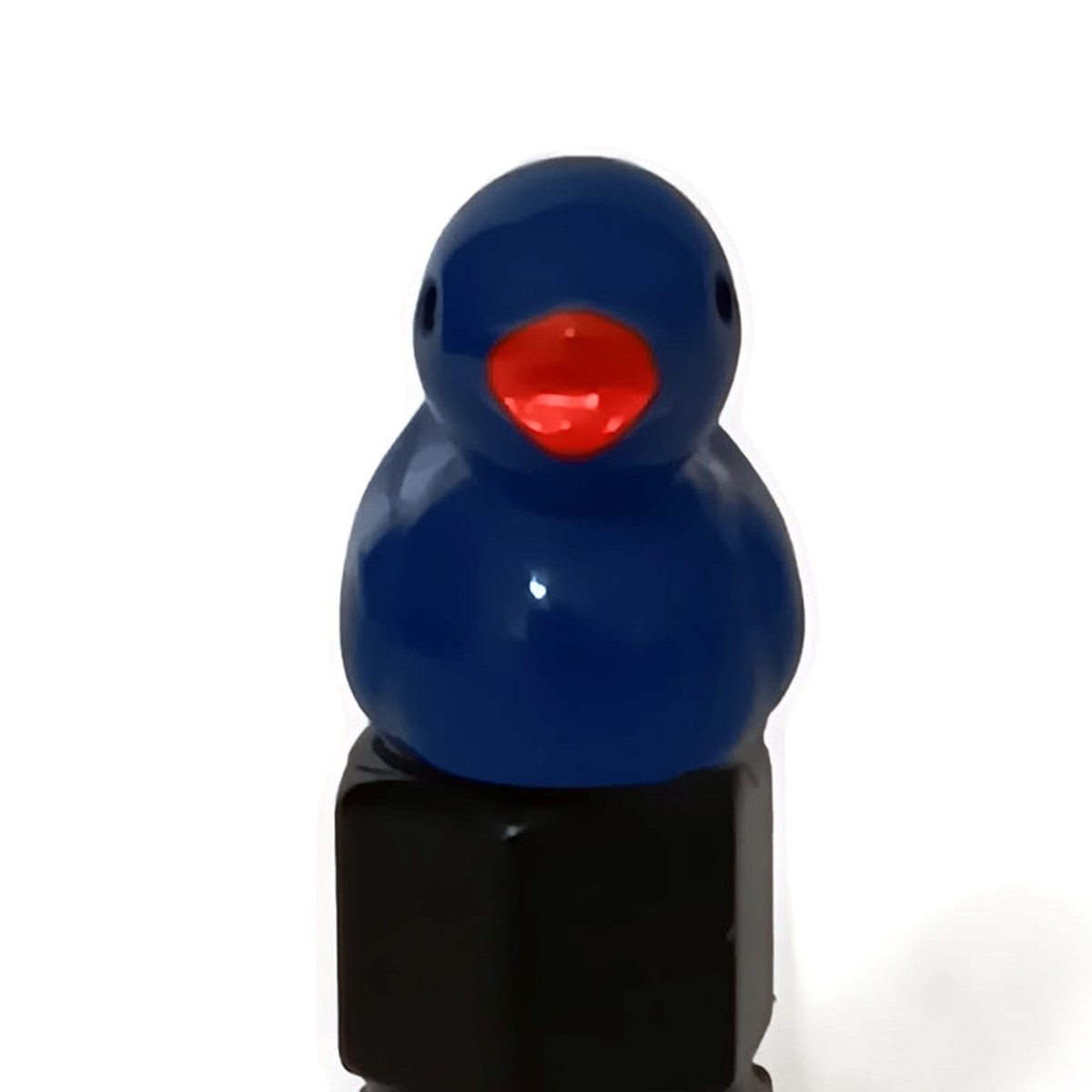 Blue duck valve stem cap on a black knurled aluminum cap