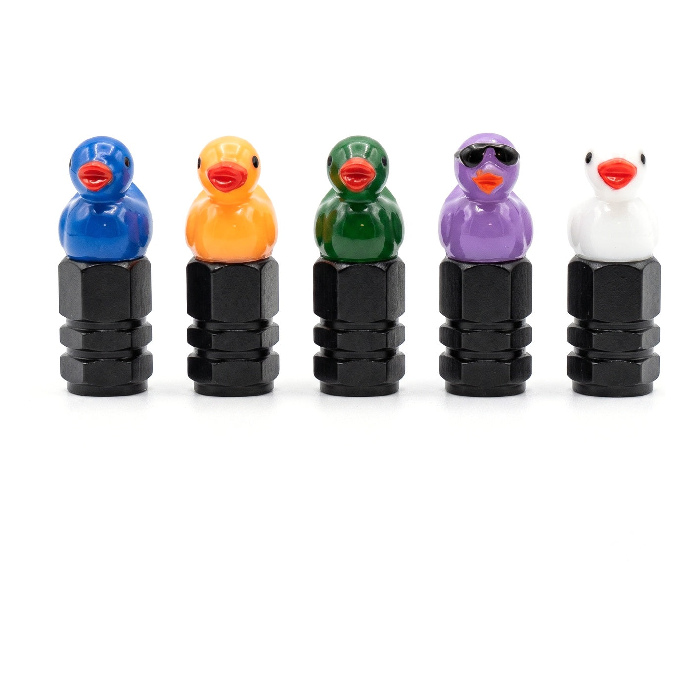 Blue, orange, dark green, purple and white duck valve caps in a row