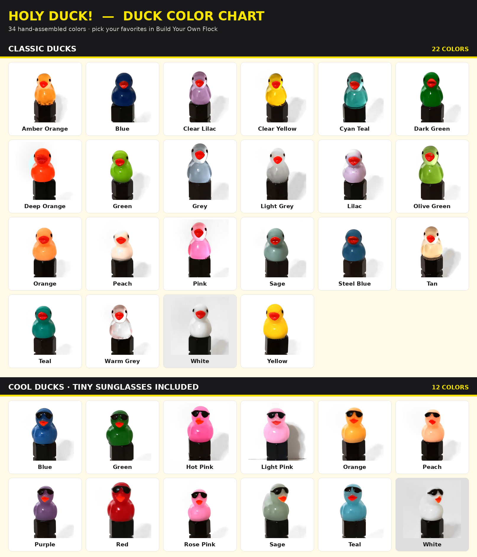 Holy Duck! colour chart showing all 34 duck valve cap colours — the pool your mystery set is drawn from