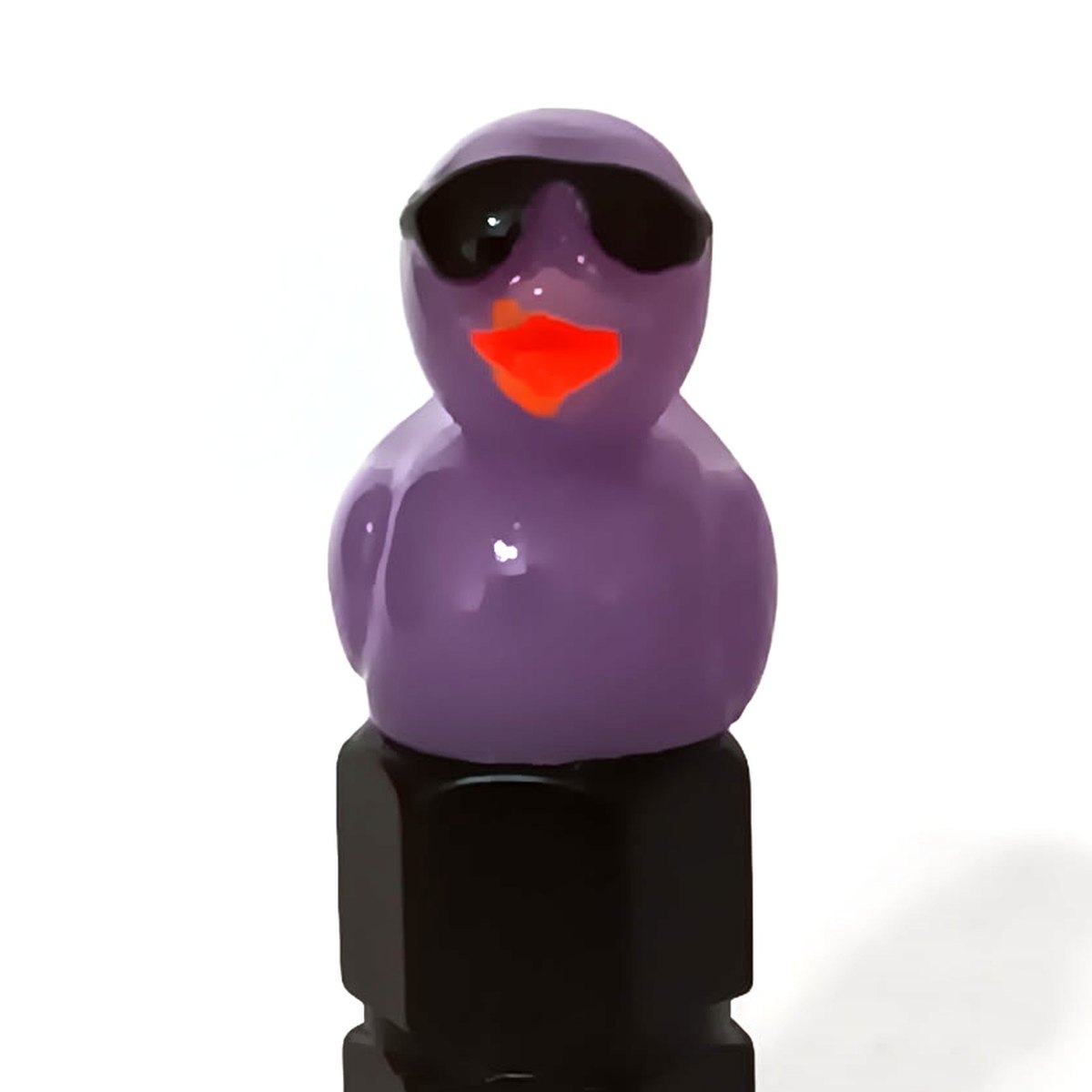 Purple duck valve stem cap wearing tiny sunglasses