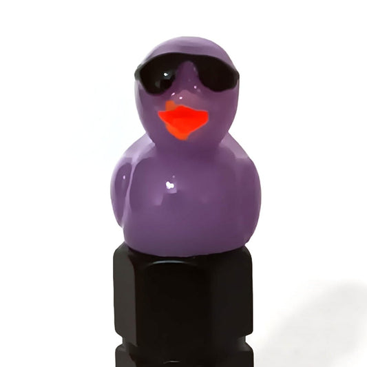 Purple duck valve stem cap wearing tiny sunglasses